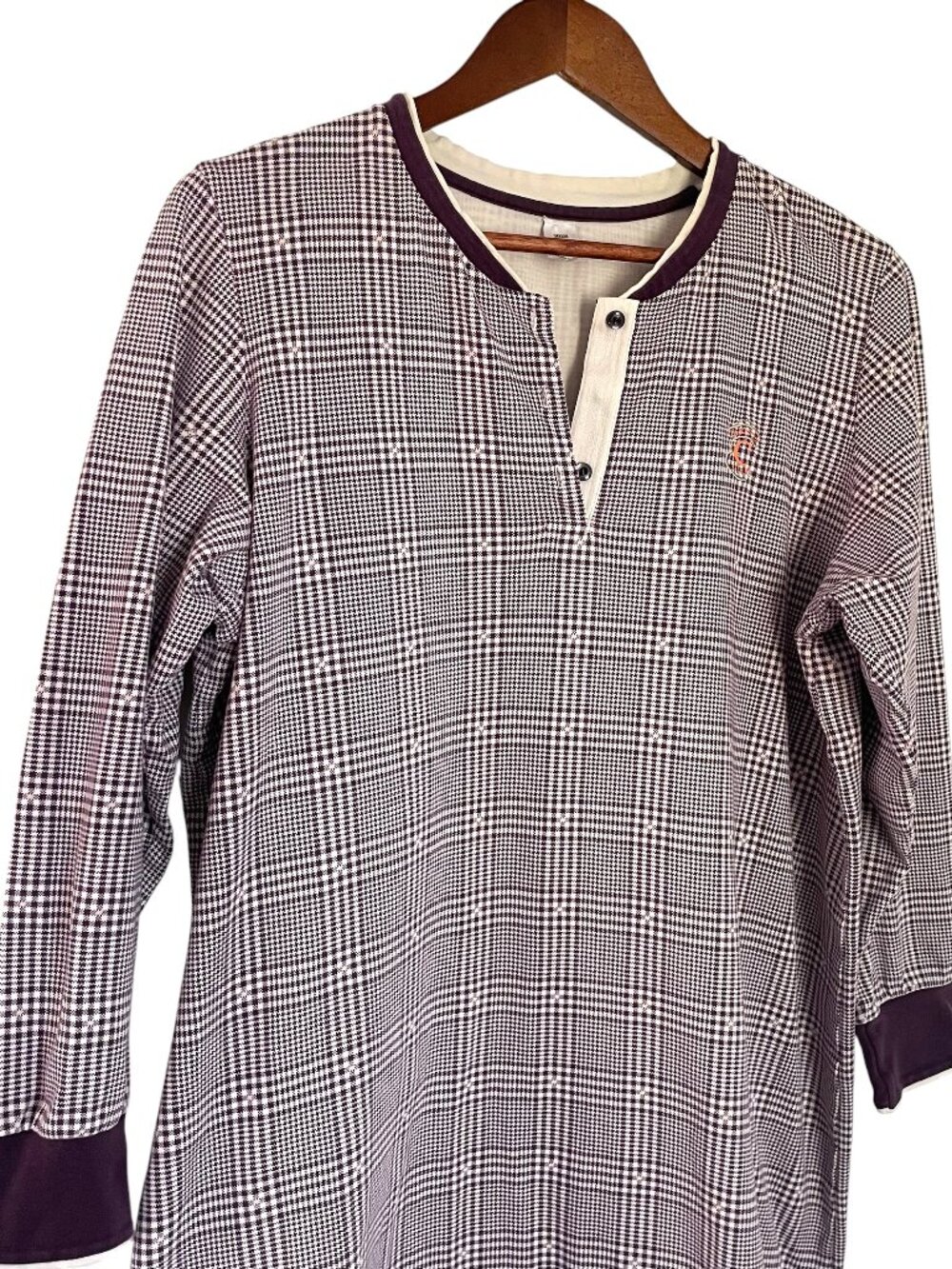 Calida Henley Nightgown Small S Purple White Houndstooth Long Sleeve Cotton